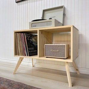 Large Record Player Stand  Modern Unit Vinyl Record Storage MCM Table with Wooden Legs for Records