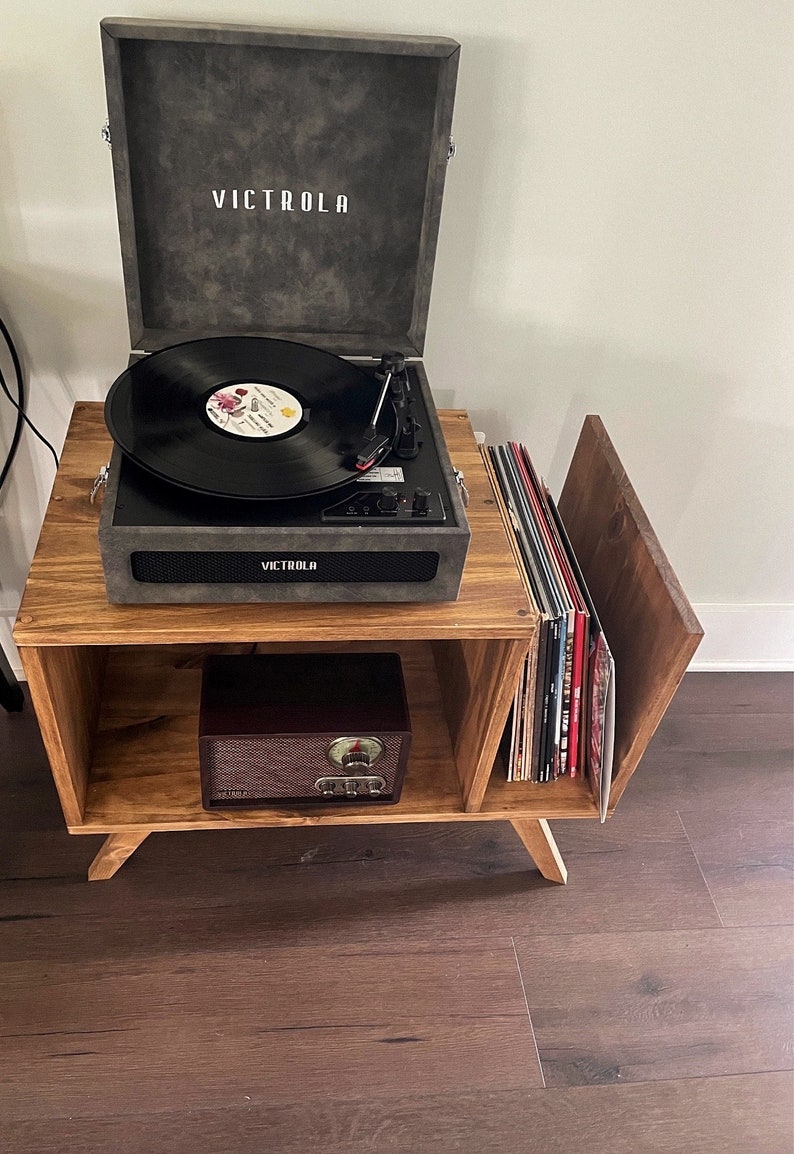 MCM Mid Century Modern Vinyl Record Storage Turntable Stand Solid Wood Table For Record Player Stand Cabinet image 8