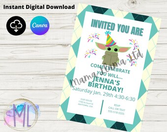 Star Wars Yoda Baby Birthday Party Invite | Mandalorian Invitation  - Editable Digital Download | Canva
