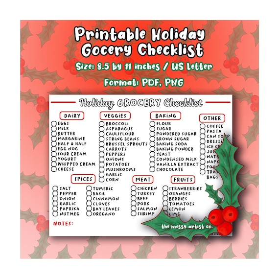 Printable Christmas Grocery List Downloadable Holiday List Etsy