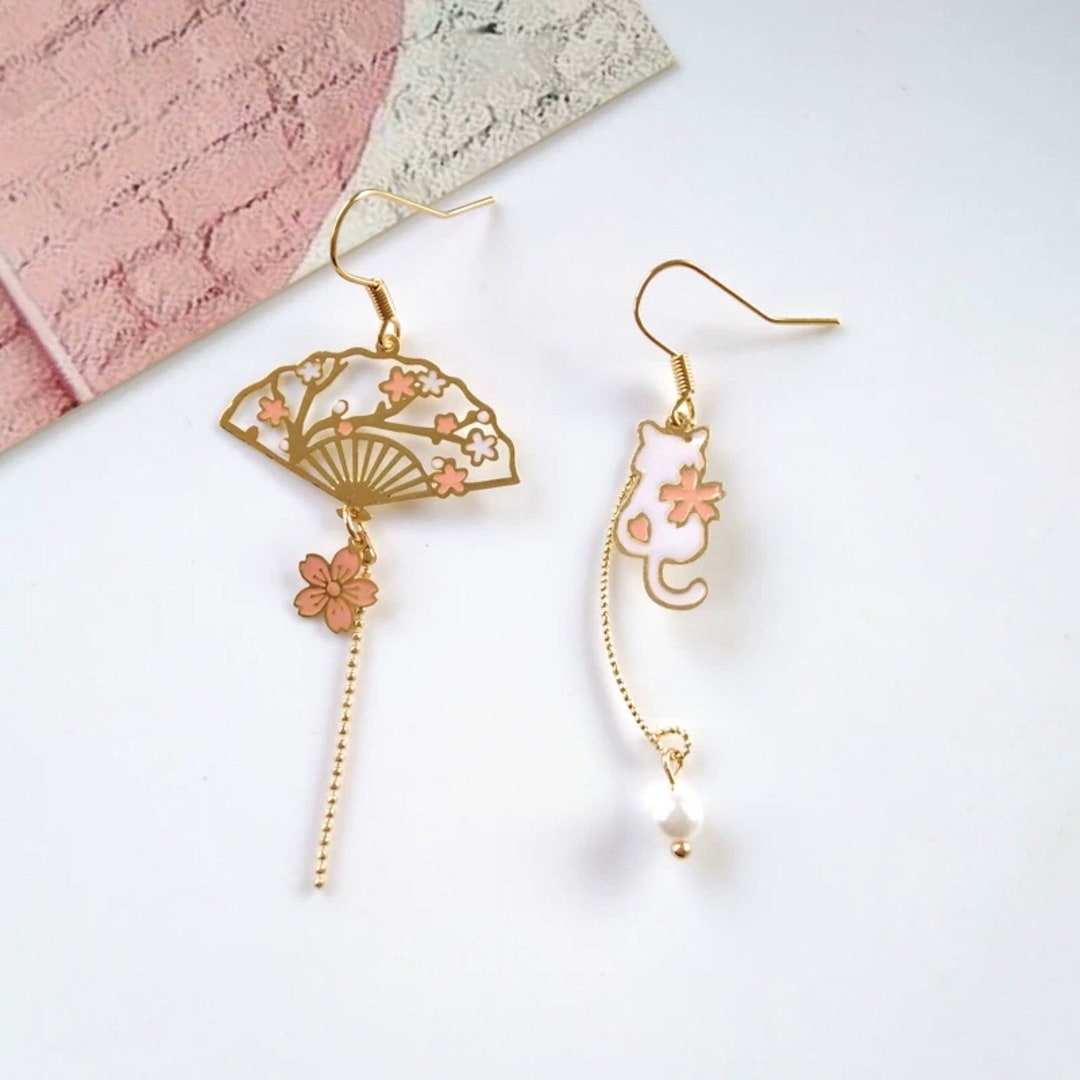 Sakura Cat Fan Earrings, Cherry Blossom Earrings, Japanese Earrings ...