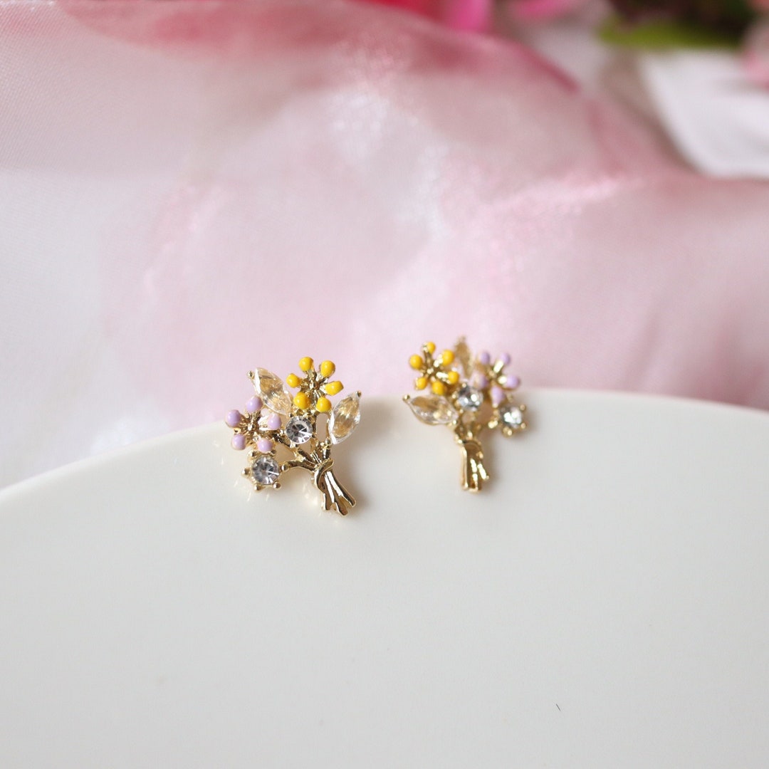 Flower Bouquet Earrings Yellow / Pink Floral Trunk Cubic Etsy
