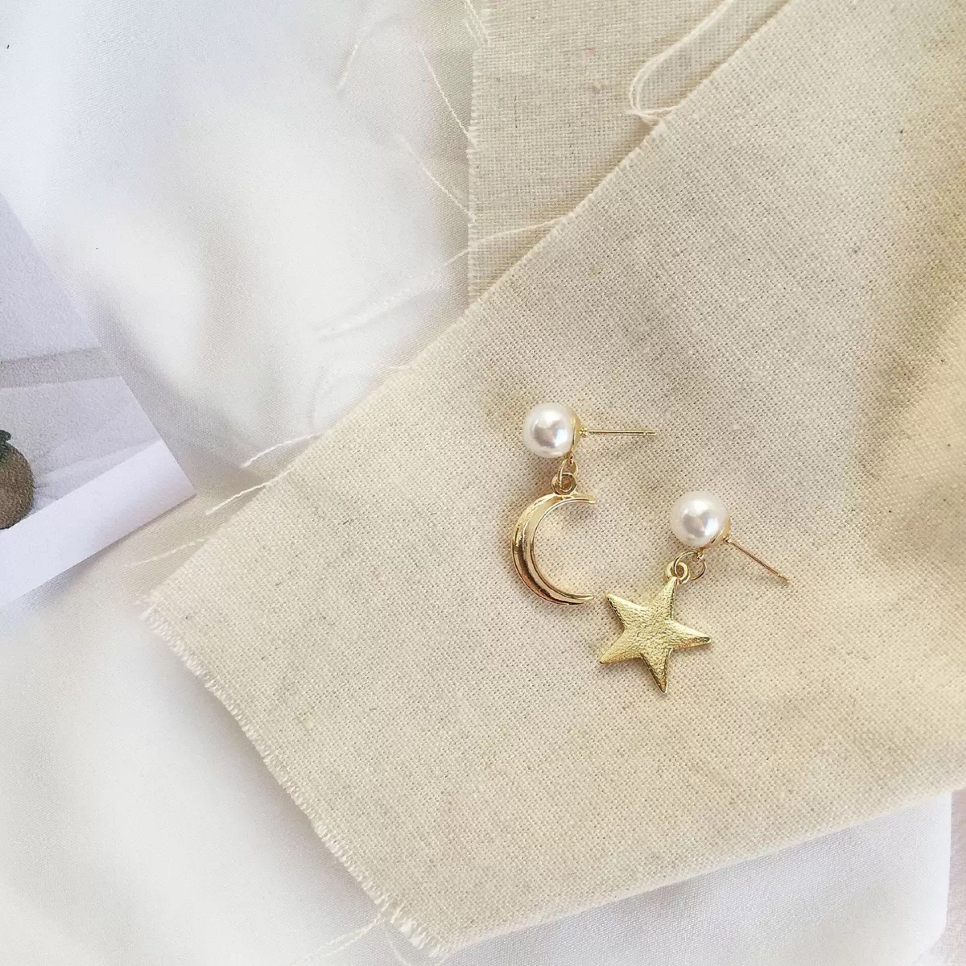 Pearl with Gold Moon and Star Earrings Celestial Dangle | Etsy