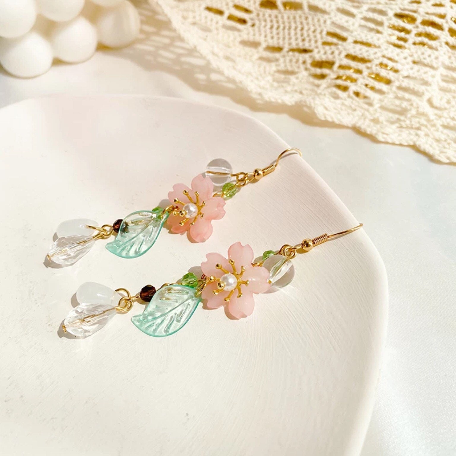 Cherry Blossom Bead Dangle Earrings Pink Flower Earrings | Etsy