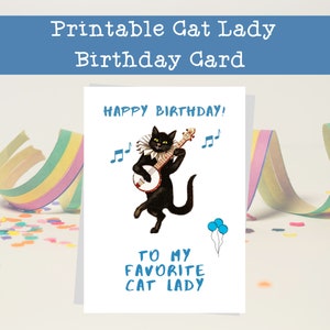 Tarjeta de cumpleaños amante de los gatos Mamá Banjo musical tocando el regalo del gato bailando Tarjeta divertida imprimible para las mamás gatas Amantes de los gatitos