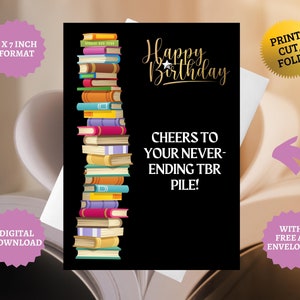 Birthday card for book lover bookish reader gift librarian birthday bookshelf card bookworm birthday gifts bookpile A7 Instant Download