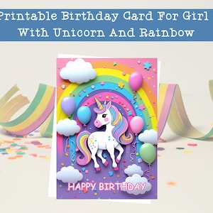 Carte d'anniversaire imprimable Licorne et arc-en-ciel magique pour fille, fille, carte licorne rose pour l'anniversaire d'une jeune fille, carte 5 x 7