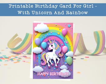 Tarjeta de cumpleaños de unicornio arcoíris para niña (5x7) (imprimible)