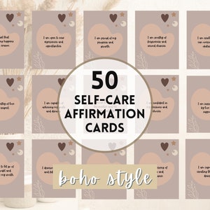 50 cartes d'affirmations sur les soins personnels de style bohème - jeu d'affirmations sur l'amour de soi - citations de pleine conscience positive - imprimable - téléchargement immédiat