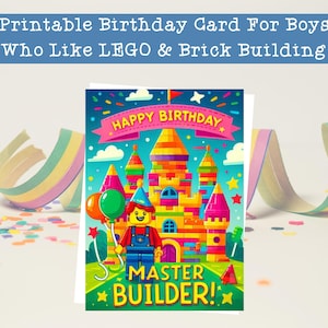Printable Lego-Themed Birthday Card For Boys And Young Brick Builders, Brick Building Lover Card, Master Builder Birthday Card