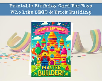 Tarjeta de cumpleaños imprimible con temática de Lego para niños y jóvenes constructores, tarjeta para amantes de la construcción con ladrillos, tarjeta de cumpleaños para maestros constructores.