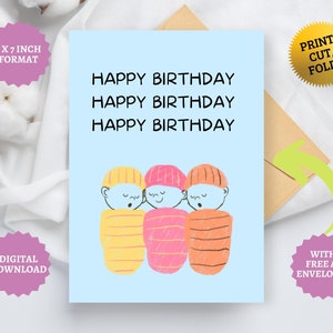 Karte zum ersten Geburtstag von Drillingen als Geschenk für Mütter mit 3 Babys, lustige Geschenkkarte für Drillinge, personalisiert zum Ausdrucken, kostenloser A7-Umschlag zum sofortigen Download