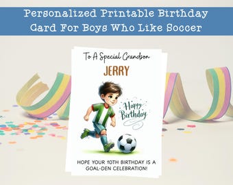 Tarjeta de cumpleaños de fútbol personalizada para niño (descarga digital)