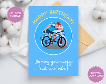 Tarjeta de cumpleaños para ciclista de montaña: Feliz aventura en los senderos (descarga digital)