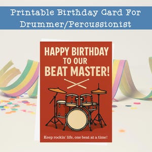 Printable Birthday Card For Drummer, Drum Set Card, Gift For Musician, Percussionist Birthday Gift, Band Member Card