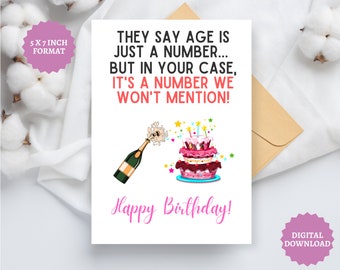 Funny Birthday Card For Older Person Friend Humor Gift Mom Dad Coworker Age Is Just A Number, Personalized, Instant Download