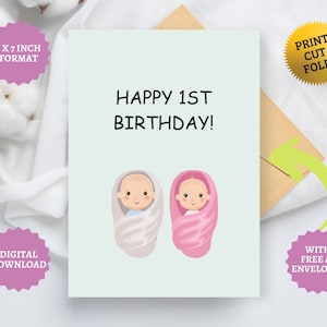 Zwillinge erste Geburtstagskarte für Mutter mit 2 Babys, Zwilling 1. Geburtstagsgeschenk, printable personalisiert, sofortiger Download freier A7-Umschlag