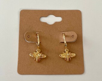 Gold Bee Dangle Huggie Hoop Earrings | Bee Charm on Small Hoops | 18k plated gold