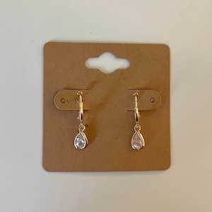 Gold CZ Teardrop Huggie Hoop Earrings | Small Gold Cubic Zirconia Teardrop Charm on Hoops | 18k plated gold