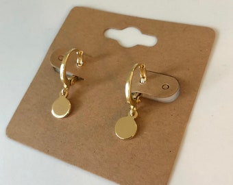 Gold Drop Disc Charm Dangle Hoop Earrings Huggie Hoops - 18k plated gold