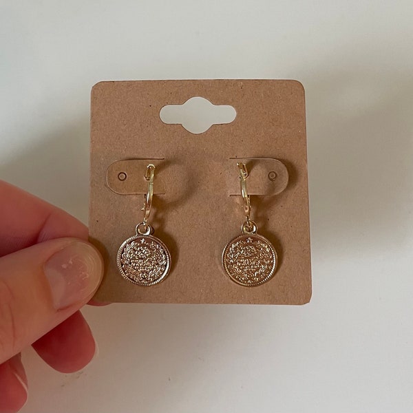 Gold Coin Hoop Earrings Dangle Huggie Hoops - 18k plated gold