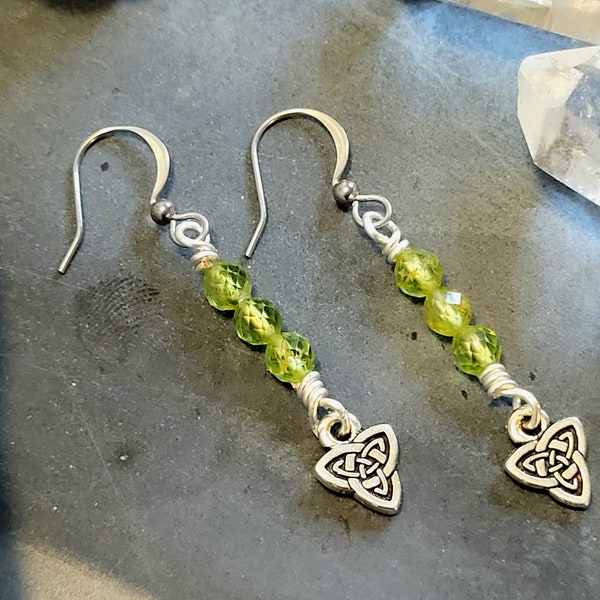 Peridot Celtic Triad Triquetra Small Dangle Earrings