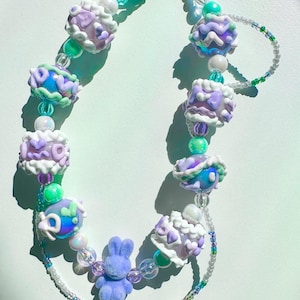 Dopamine Beaded Keychain phone charm hand painted Purple and Sea foam green iridescent