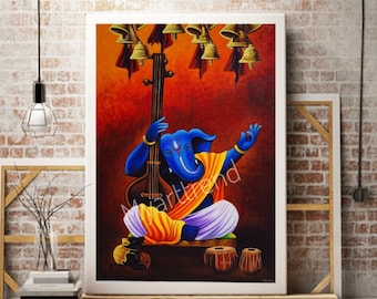 Ganesha Painting, Ganesha playing sitar, Ganesha Artwork, Wall art decor, home decor, Indian art, Lord Ganesh Painting, Traditional Painting