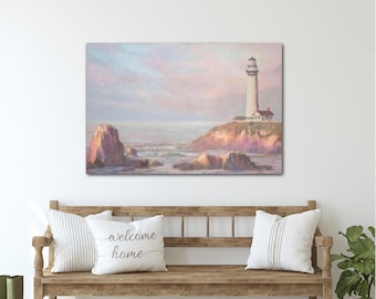 Lighthouse Canvas Giclee Print: Beach House Seascape Art