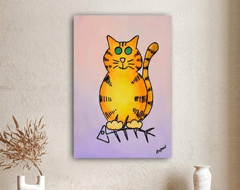 Orange Cat with Fish Canvas Print: Giclee Archival Art