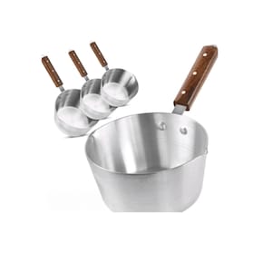 May include: Four small, silver saucepans with wooden handles. Each saucepan has a pouring spout. The handles are dark brown. The saucepans are suitable for cooking or serving.