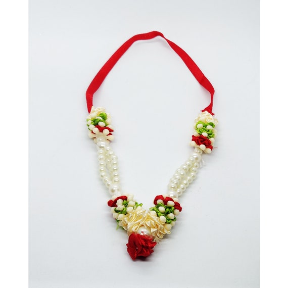 Set Di 4 Mala (Ghirlende) Artificiali Per Idoli – Fiori In Nastri Rosso/Arancione Con Perline Bianche, Decorazioni Pooja - 6