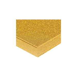 May include: A stack of gold glitter foam sheets. The sheets are square and have a sparkly finish.