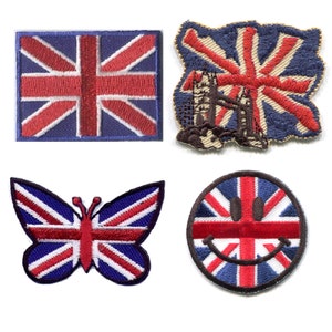 May include: Four embroidered iron-on patches featuring the Union Jack flag in different designs. The patches are red, white, and blue. One patch is a traditional flag, one is a butterfly, one is a smiley face, and one is a flag with the Tower Bridge.