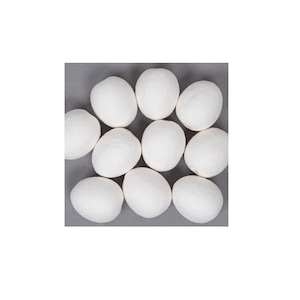 May include: A group of 10 white, round, smooth, paper mache eggs.