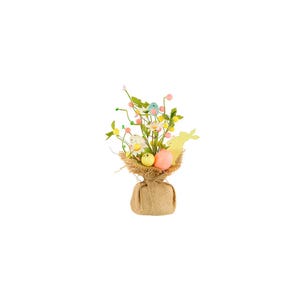 May include: A burlap-wrapped bouquet of spring flowers with pastel-coloured Easter eggs and a yellow bunny cutout.
