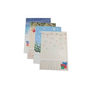 May include: A stack of Christmas-themed stationery sheets. Each sheet features a different winter holiday design, including snowflakes, Christmas trees, and gift boxes. The colour palette includes blue, white, and green.