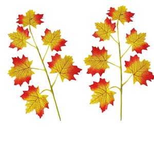 May include: Two artificial autumn leaf stems with red and yellow leaves. The leaves are arranged in a symmetrical pattern.
