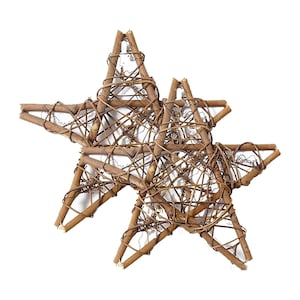 May include: Two brown twig star ornaments, woven together with wire, for a rustic Christmas decoration.