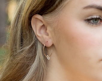 Herkimer diamond earrings, Crystal hoop earrings,  Hoop earrings with charm, Stone hoop earrings Raw quartz earrings, Quartz point earrings