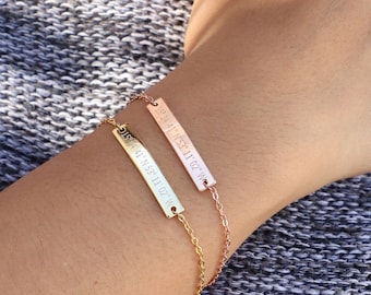 Personalized Bracelet for Women Custom Bridesmaids Gift for Mom Custom Engraved Bar Bracelet Monogram Coordinates Gold Name Bracelet