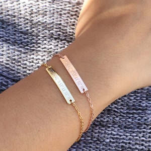 Personalized Bracelet for Women Custom Bridesmaids Gift for Mom Custom Engraved Bar Bracelet Monogram Coordinates Gold Name Bracelet 14k Rose Gold Filled