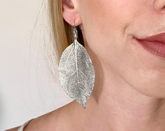 Real Leaf Earrings, Sterling Silver Earrings, Silver Dipped Leaves Natural Jewelry Woodland Wedding Jewelry Bridal Earrings Gift For Her