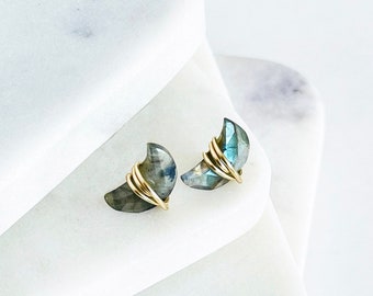 Labradorite Studs Earrings, Moon Crescent Labradorite Earrings, Gold Labradorite Post Earrings, Birthday Gift for her, Gift for Mom