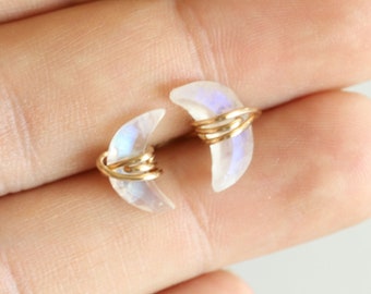 Rainbow Moonstone Studs, Rainbow Moonstone Earrings, Crescent Moon Earrings, June Birthstone, Rainbow Moonstone Crescent Post Earrings