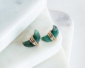 Raw Emerald Studs Earrings, Emerald Earrings  Crescent Post Earrings, Emerald Post Earrings May Birthstone Earrings Raw Gemstone Studs