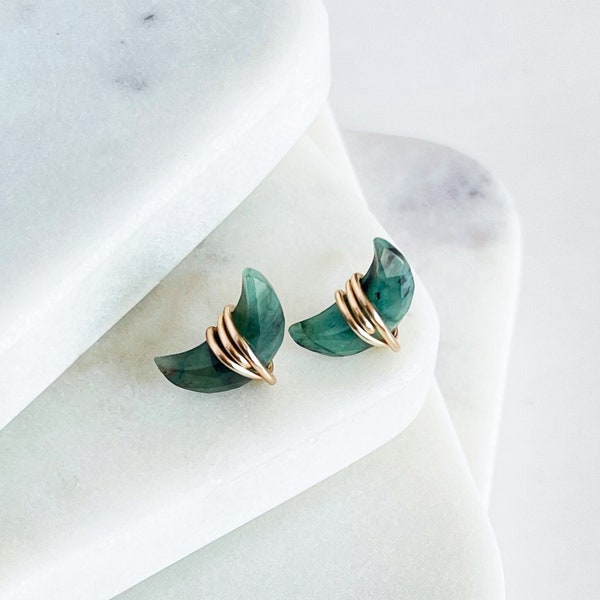 Raw Emerald Studs Earrings, Emerald Earrings  Crescent Post Earrings, Emerald Post Earrings May Birthstone Earrings Raw Gemstone Studs