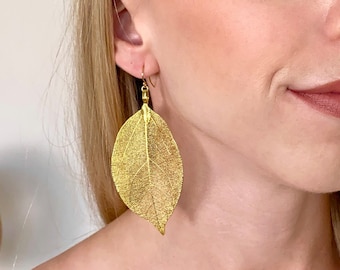 18K Gold Real Leaf Earrings: Boho Statement Jewelry