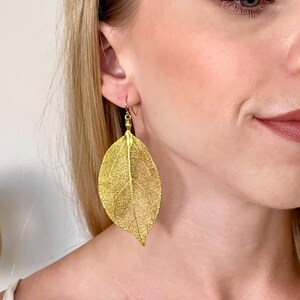 18K Gold Real Leaf Earrings: Boho Statement Jewelry