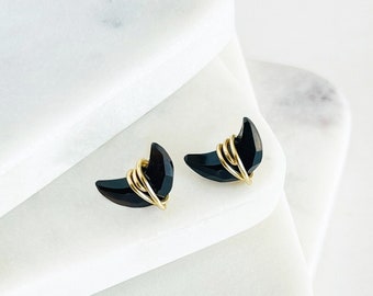 Black Onyx Studs Earrings, Black Onyx Moon Crescent Studs Earrings, Post Earrings, Raw Genuine Black Onyx Jewelry, Everyday Earrings